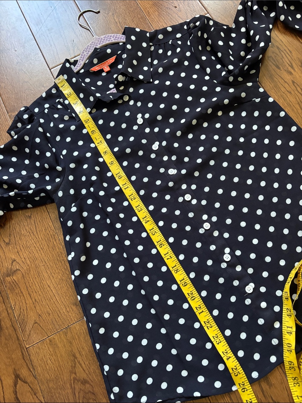 ModCloth Navy Blue & white Polka Dot Sheer Button-Up Collar Blouse Size Medium - Picture 4 of 13
